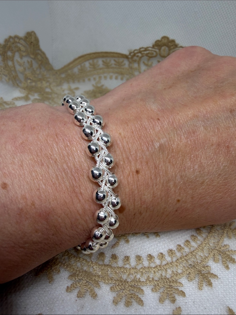 925 Sterling Silver Braided Snake Chain Mirror Ball Bracelet 7” Globe Beads
